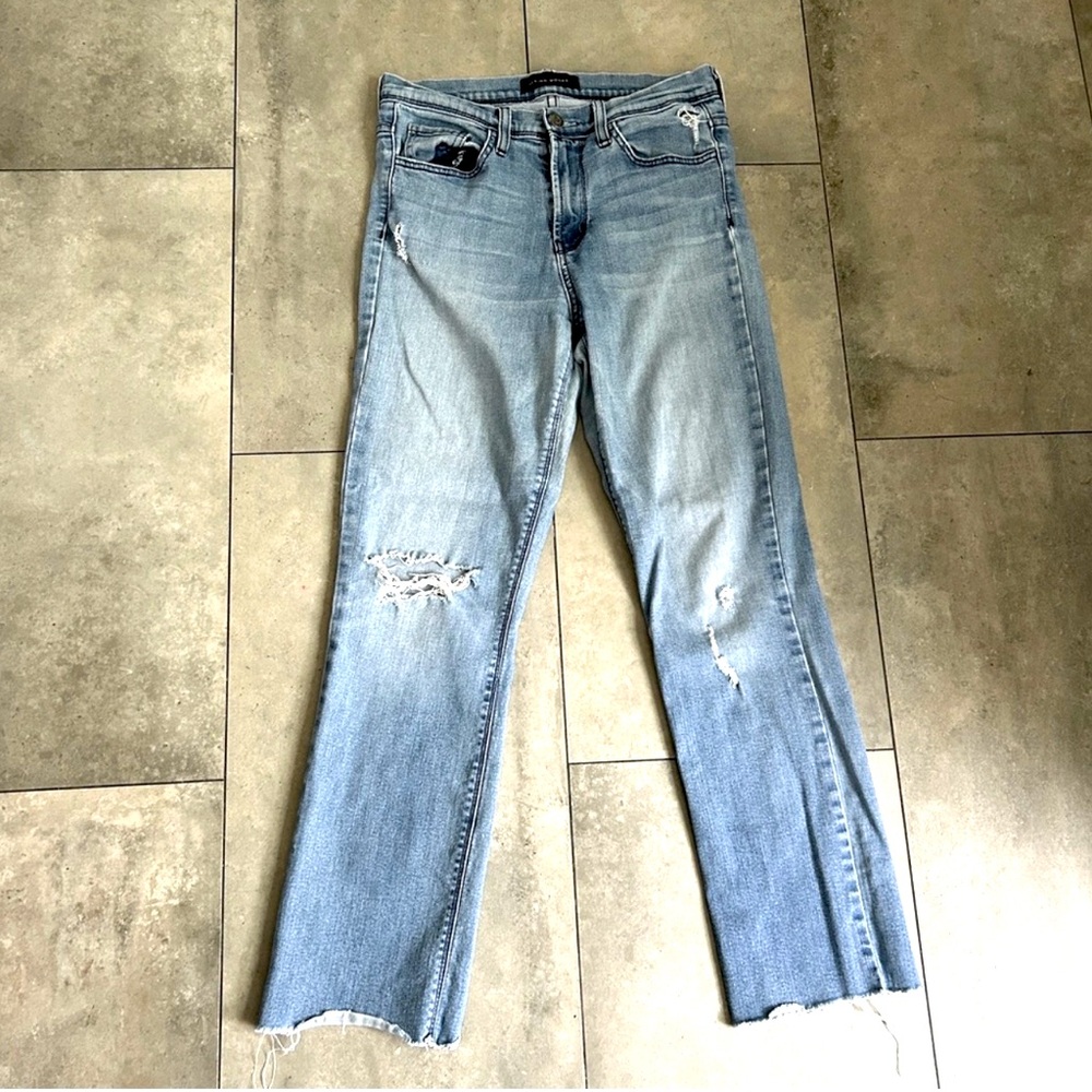 Flying monkey blue distressed straight leg raw hem jeans 27